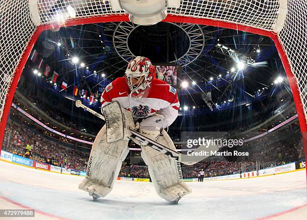 Bernhard Starkbaum, goaltender of Austria tends net against Germany during the IIHF World Championship group A match between Germany and Austria at...