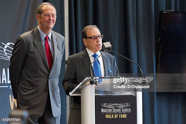 Bill Bradley looks on as George Kalinsky speaks onstage during the Madison Square Garden 2015 Walk Of Fame Inductions at Madison Square Garden on May...