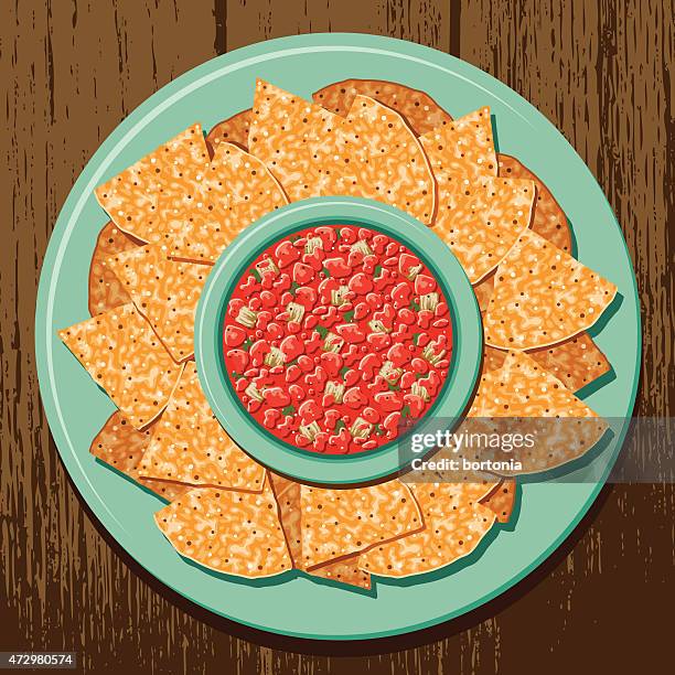 corn tortilla chips with tomato salsa dip - corn salsa stock illustrations