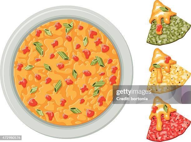 mais-tortilla-chips mit käsedip - nachos stock-grafiken, -clipart, -cartoons und -symbole