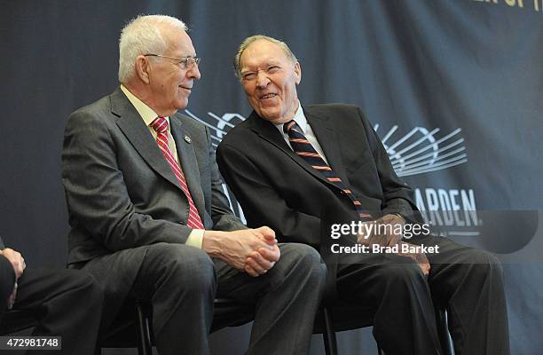 Player Eddie Giacomin and Harry Gallatin attend the Madison Square Garden 2015 Walk of Fame Inductions Ceremony at Madison Square Garden on May 11,...