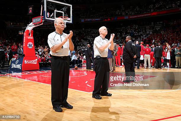 Referees Bennett Salvatore and Joe Crawford before the game between the Atlanta Hawks and Washington Wizards in Game Three of the Eastern Conference...