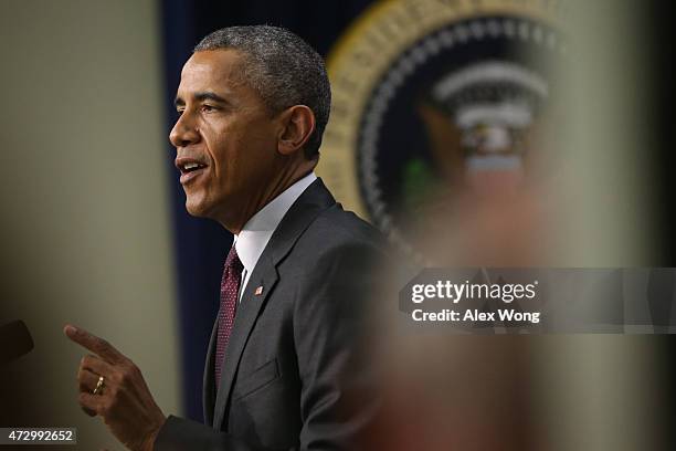 President Barack Obama speaks during an event to recognize emerging global entrepreneurs May 11, 2015 at the South Court Auditorium of Eisenhower...