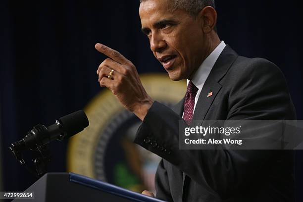 President Barack Obama speaks during an event to recognize emerging global entrepreneurs May 11, 2015 at the South Court Auditorium of Eisenhower...