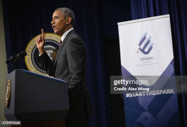 President Barack Obama speaks during an event to recognize emerging global entrepreneurs May 11, 2015 at the South Court Auditorium of Eisenhower...