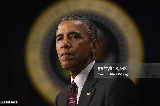 President Barack Obama pauses as he speaks during an event to recognize emerging global entrepreneurs May 11, 2015 at the South Court Auditorium of...