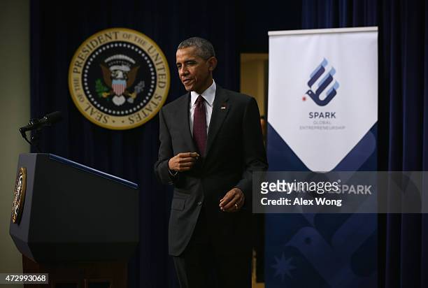 President Barack Obama approaches the podium to speak at an event to recognize emerging global entrepreneurs May 11, 2015 at the South Court...