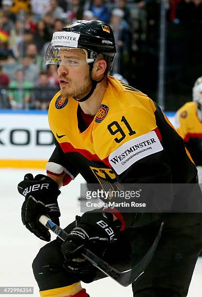 Moritz Mueller of Germany skates against Austria during the IIHF World Championship group A match between Germany and Austria at o2 Arena on May 11,...
