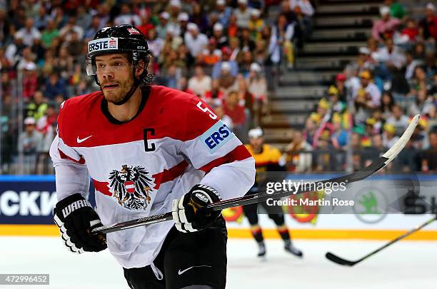 Thomas Raffl of Austria skates against Germany during the IIHF World Championship group A match between Germany and Austria at o2 Arena on May 11,...