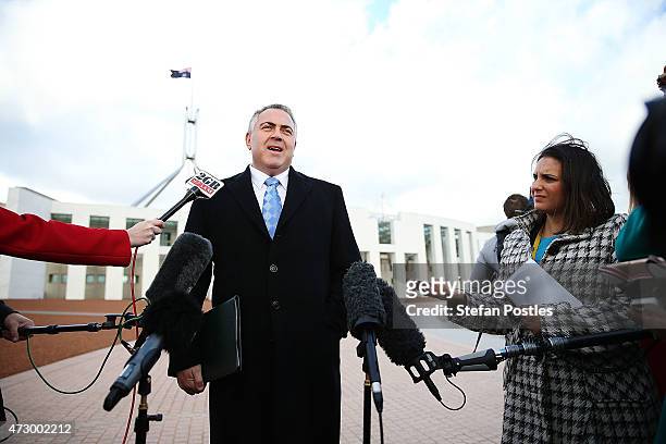 Treasurer Joe Hockey holds a short press conference at the Parliament House forecourt on May 12, 2015 in Canberra, Australia. The Coalition...