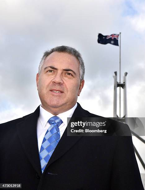 Joe Hockey, Australia's treasurer, speaks during a news conference outside Parliament House ahead of delivering the Australian federal budget in...