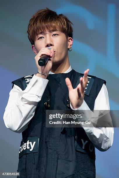 Kim Sung-Kyu aka Sung Kyu of South Korean Boy Band Infinite talks to media during the press showcase for his 2nd Mini Album '27' on on May 11, 2015...