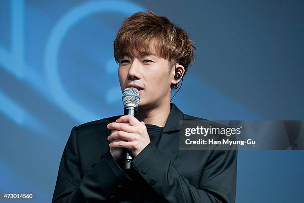 Kim Sung-Kyu aka Sung Kyu of South Korean Boy Band Infinite talks to media during the press showcase for his 2nd Mini Album '27' on on May 11, 2015...