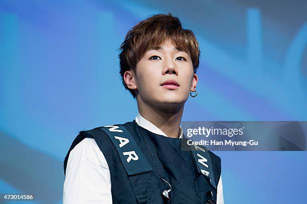 Kim Sung-Kyu aka Sung Kyu of South Korean Boy Band Infinite talks to media during the press showcase for his 2nd Mini Album '27' on on May 11, 2015...