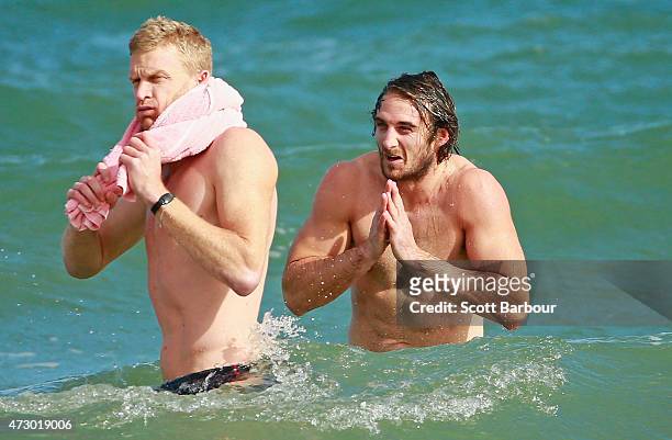Dustin Fletcher and Jobe Watson, captain of the Bombers wade in the water during an Essendon Bombers AFL recovery session at St Kilda Sea Baths on...