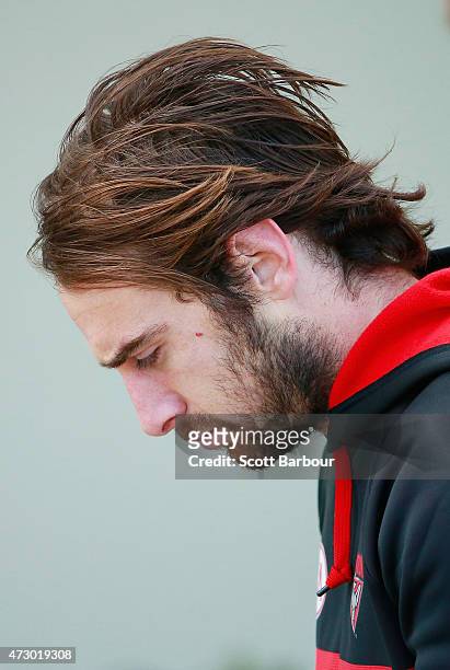 Jobe Watson, captain of the Bombers leaves after attending an Essendon Bombers AFL recovery session at St Kilda Sea Baths on May 12, 2015 in...