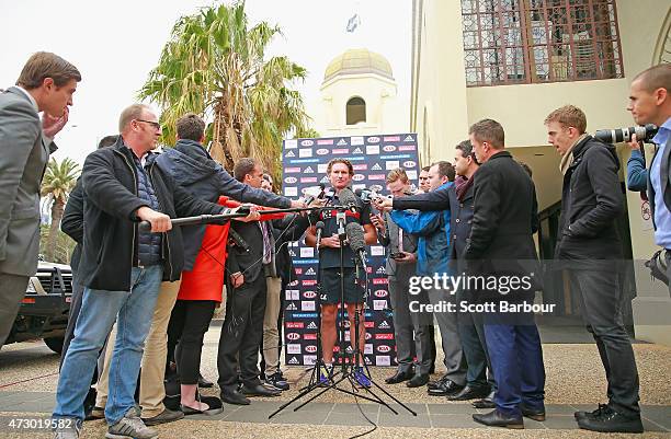 General view as James Hird, coach of the Bombers speaks to the media during an Essendon Bombers AFL recovery session at St Kilda Sea Baths on May 12,...