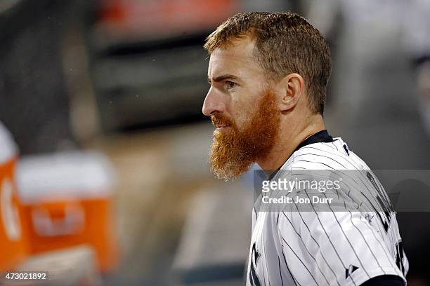 Adam LaRoche of the Chicago White Sox in the dugout during the eighth inning during the game against the Cincinnati Reds in the second game of a...