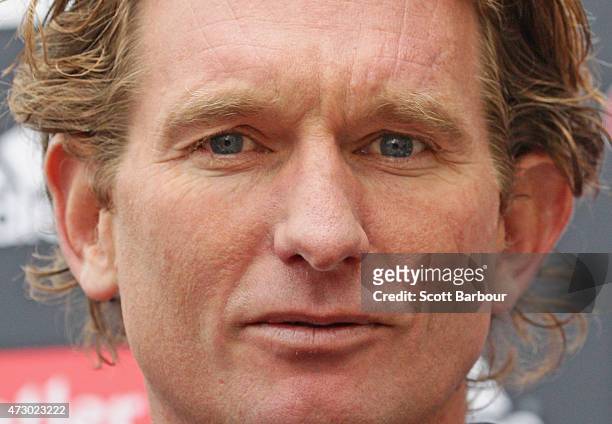 James Hird, coach of the Bombers speaks to the media during an Essendon Bombers AFL recovery session at St Kilda Sea Baths on May 12, 2015 in...