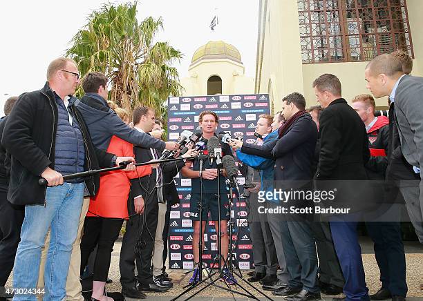 General view as James Hird, coach of the Bombers speaks to the media during an Essendon Bombers AFL recovery session at St Kilda Sea Baths on May 12,...