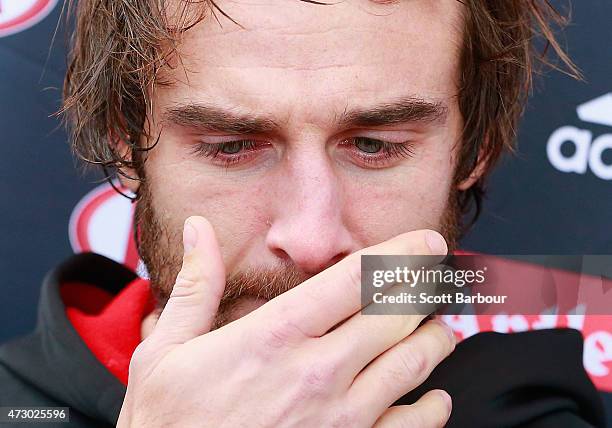 Jobe Watson, captain of the Bombers speaks to the media during an Essendon Bombers AFL recovery session at St Kilda Sea Baths on May 12, 2015 in...