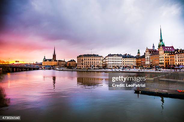 stockholm, sweden. panorama of the old town and church - oude stad stockfoto's en -beelden