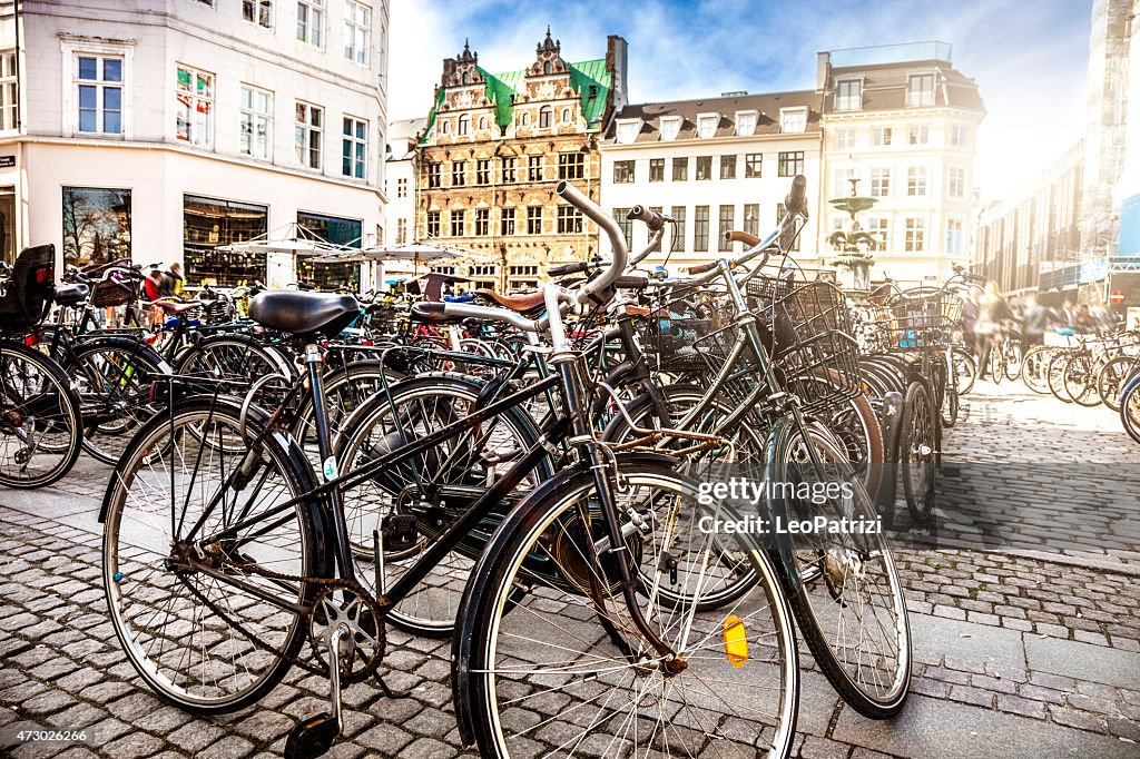 Copenhagen bycicle parked in a town square