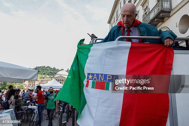 People join the cycle parade on the occasion of the 70th anniversary of the liberation of Italy from Nazi occupation and from the fascist regime, a...