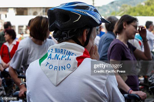 People join the cycle parade on the occasion of the 70th anniversary of the liberation of Italy from Nazi occupation and from the fascist regime, a...