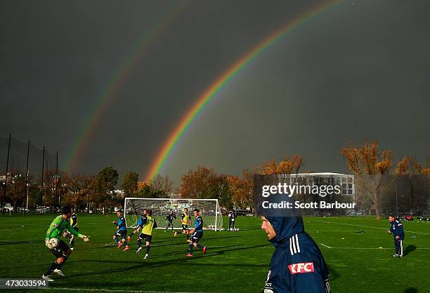 General view as a double rainbow forms overhead during a Melbourne Victory A-League training session at Gosch's Paddock on May 12, 2015 in Melbourne,...