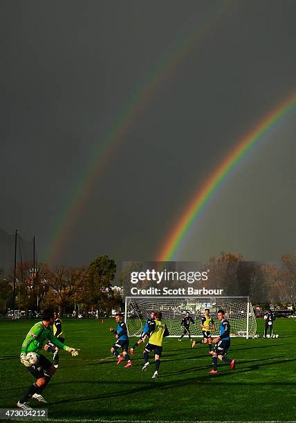 General view as a double rainbow forms overhead during a Melbourne Victory A-League training session at Gosch's Paddock on May 12, 2015 in Melbourne,...