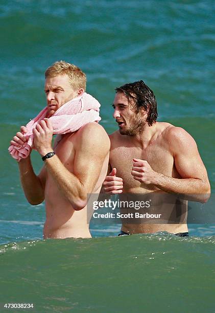 Dustin Fletcher and Jobe Watson, captain of the Bombers wade in the water during an Essendon Bombers AFL recovery session at St Kilda Sea Baths on...