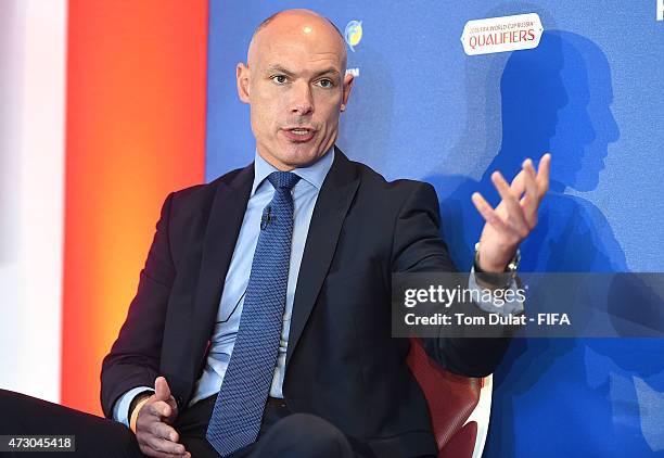 Former FIFA referee Howard Webb speaks during the launch of FIFA Anti-Discrimination Monitoring System at Wembley Stadium on May 12, 2015 in London,...