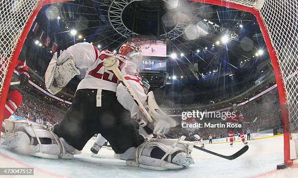 Team Canada scores a goal over of Austria during the IIHF World Championship group A match between Canada and Austria at o2 Arena on May 12, 2015 in...