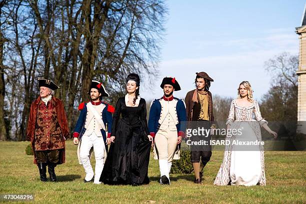 The actors Didier Barbelivien, Valentin Marceau, Mickael Miro, Slimane, Kareen Antonn and Aurore Delplace pose on the video shoot of the musical...