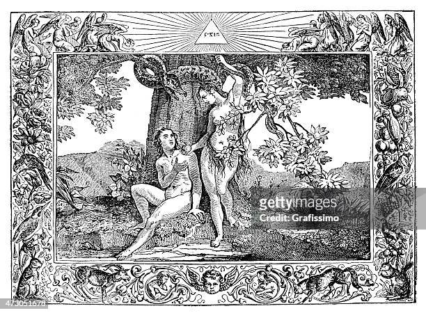 ilustraciones, imágenes clip art, dibujos animados e iconos de stock de eve con apple para adam en el jardín de edén - los siete pecados capitales