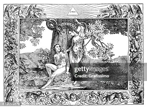 Eve offering apple to Adam in garden Eden Eve offering apple to Adam in garden Eden