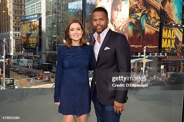 Calloway interviews Megan Boone during her visit to "Extra" at their New York studios at H&M in Times Square on May 12, 2015 in New York City.