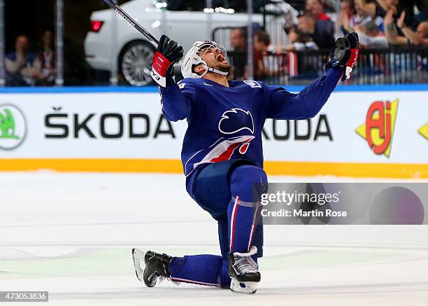 Sacha Treille of France celebrates after he scores his team's equalizing goal during the IIHF World Championship group A match between Latvia and...