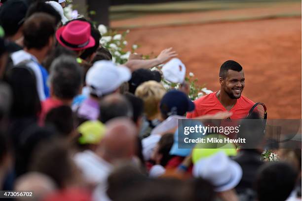 Jo Wilfried-Tsonga of France celebrates with the crowd after his First Round victory over Sam Querrey of USA on Day Three of The Internazionali BNL...