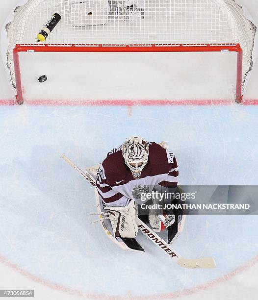 Goalkeeper Edgars Masalskis of Latvia reacts after a goal by forward Stephane da Costa of France during the group A preliminary round match Latvia vs...