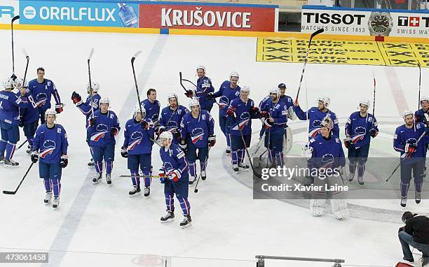 French player's celebrate the victory after the 2015 IIHF World Championship between Latvia and France at O2 arena ,on May 12,2015 in Prague, Czech...