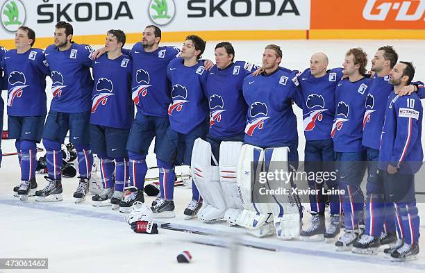 French player's celebrate the victory after the 2015 IIHF World Championship between Latvia and France at O2 arena ,on May 12,2015 in Prague, Czech...