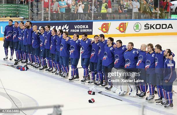 French player's celebrate the victory after the 2015 IIHF World Championship between Latvia and France at O2 arena ,on May 12,2015 in Prague, Czech...