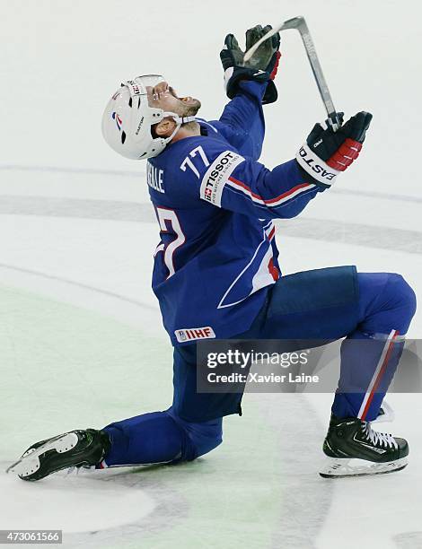 Sacha Treille of France celebrate his goal of equalisation during the 2015 IIHF World Championship between Latvia and France at O2 arena ,on May...