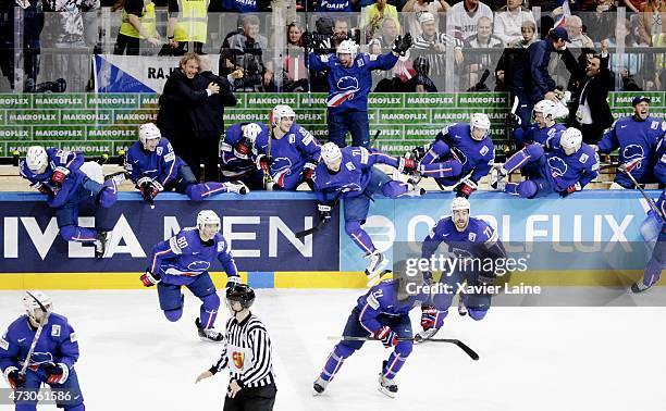 French player's celebrate the victory after the penalty shoot of Teddy Da Costa during the 2015 IIHF World Championship between Latvia and France at...