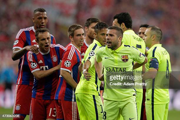 Jordi Alba of Barcelona reacts during the UEFA Champions League semi final second leg match between FC Bayern Muenchen and FC Barcelona at Allianz...