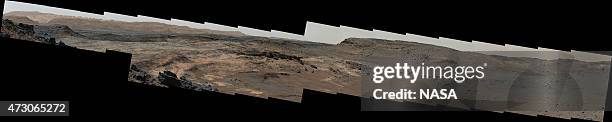 In this handout provided by NASA/JPL-Caltech/MSSS A sweeping panorama combining 33 telephoto images into one Martian vista presents details of...