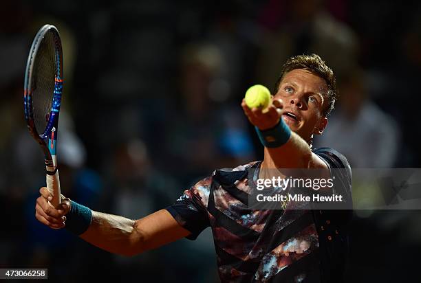 Tomas Berdych of Czech Republic in action against Matteo Donati of Italy in their Second Round match on Day Three of the The Internazionali BNL...