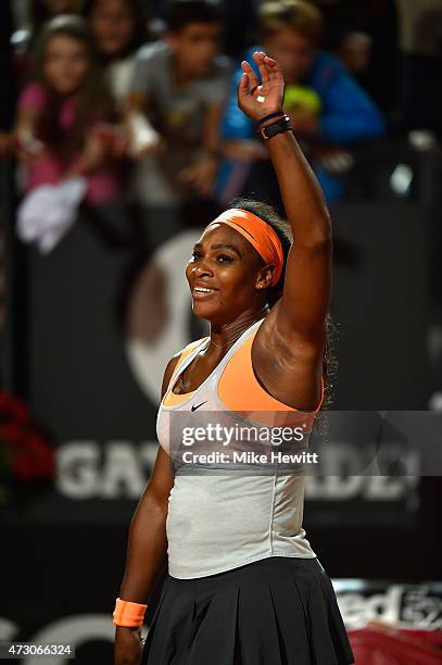 Serena Williams of USA celebrates victory against Anastasia Pavlyuchenkova of Russia in their Second Round match on Day Three of The Internazionali...